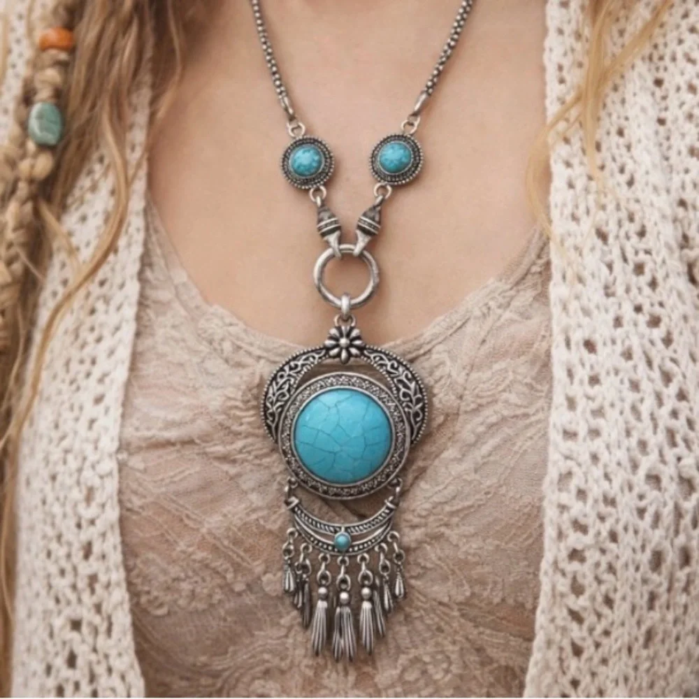 Turquoise & Silver Tone Boho Statement Necklace & Earrings Set Festival Western - Picture 4 of 6